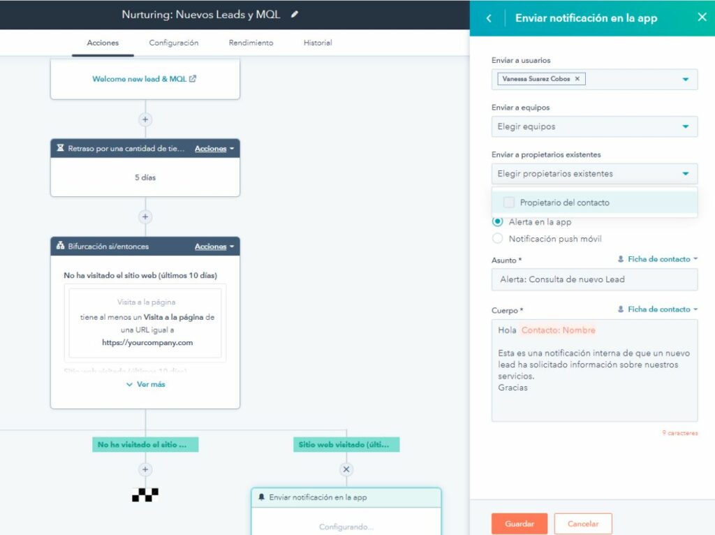 Ejemplo de automatización a través de HubSpot. 